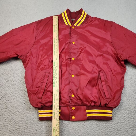 Vintage Satin Bomber Jacket 2XL Lined Blank Red Yellow Snap Button Front 90s USA - Picture 4 of 9